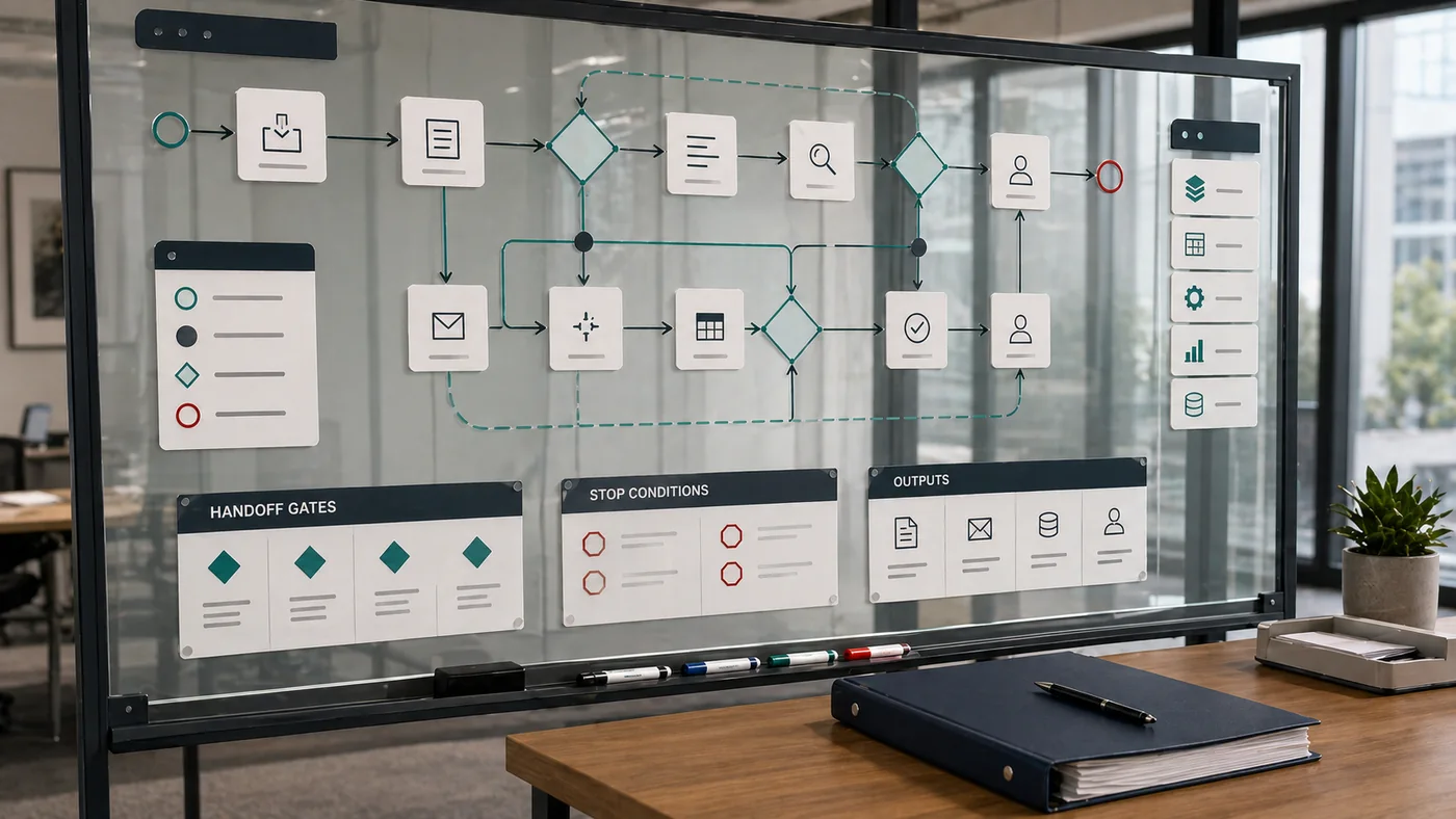 Agent workflow map on glass with handoff cards, routing steps, and review checkpoints.