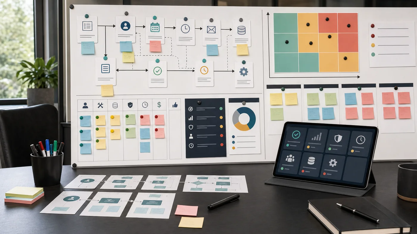 AI readiness planning board with workflow cards, scoring matrix, and tablet dashboard.