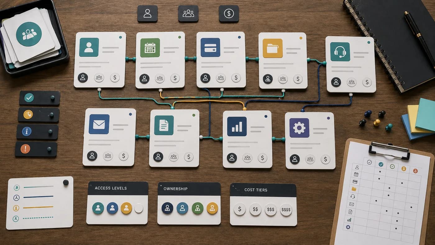 Business software stack map with connected app cards, system records, and workflow checklist.