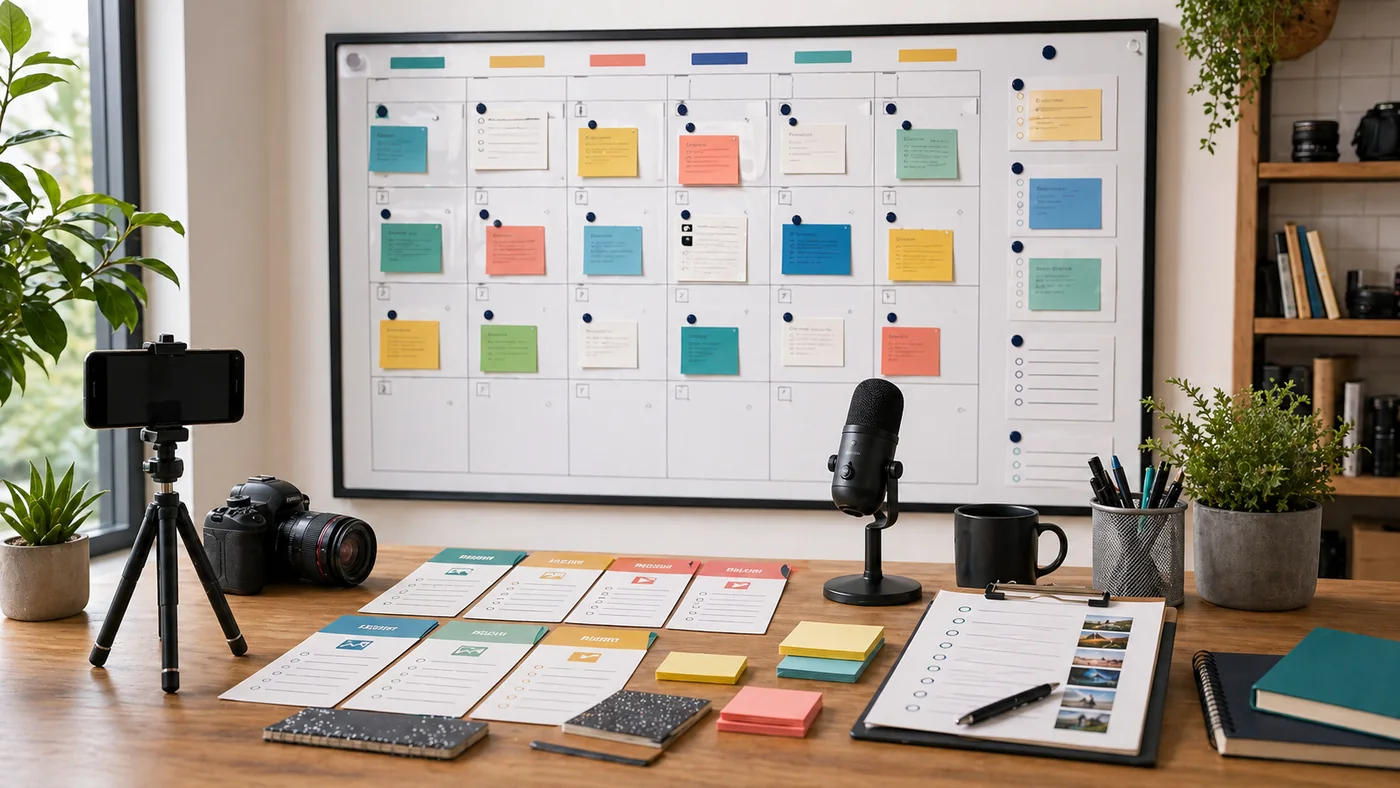 Content calendar operating board with color-coded schedule blocks, post cards, and production notes.