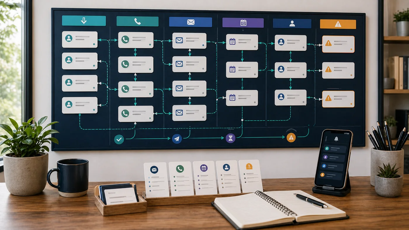 Lead follow-up automation board with message routing, status lanes, warnings, and reporting dashboard.