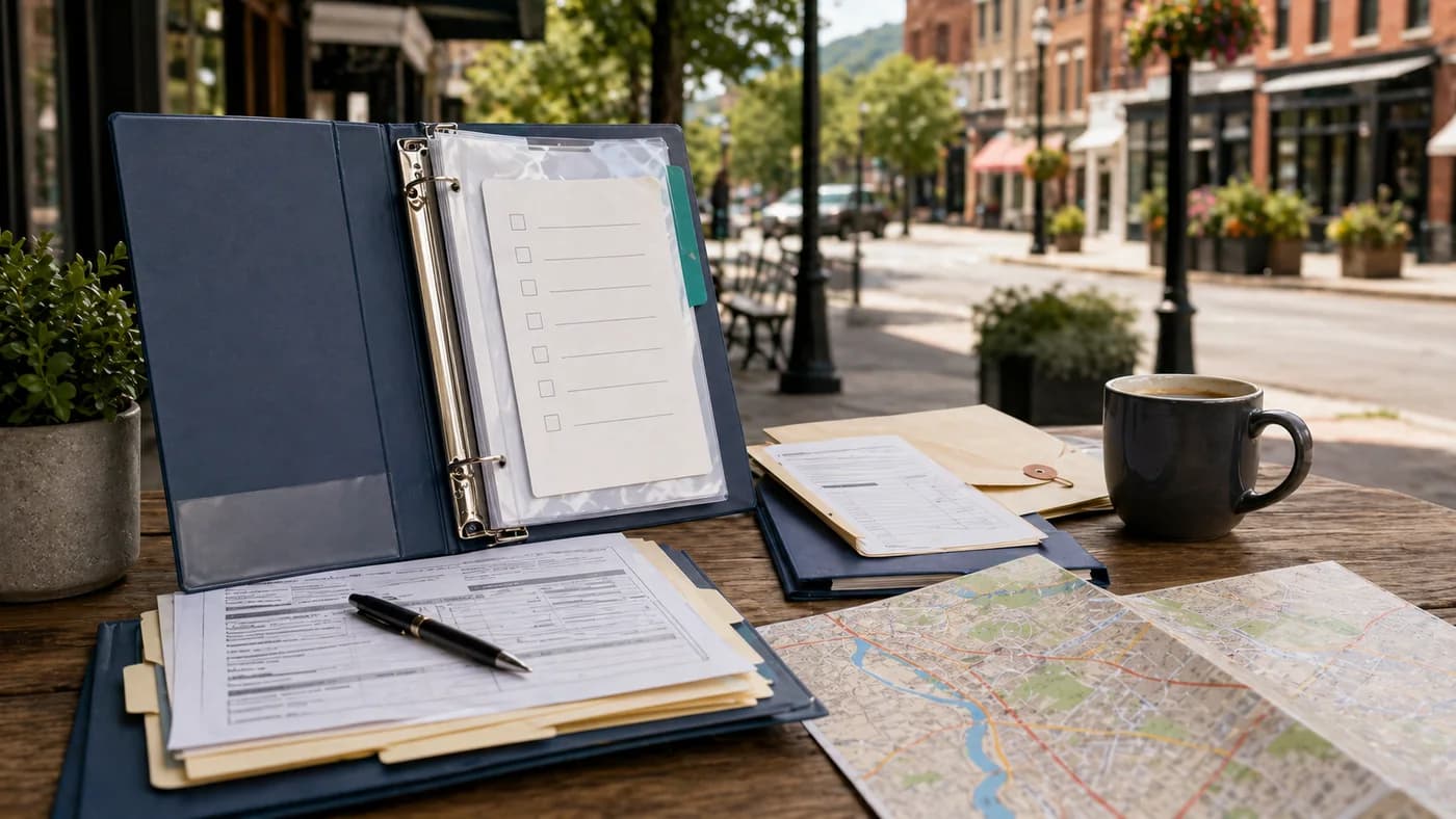 Local startup checklist binder, map, notebook, and working documents on a downtown desk.