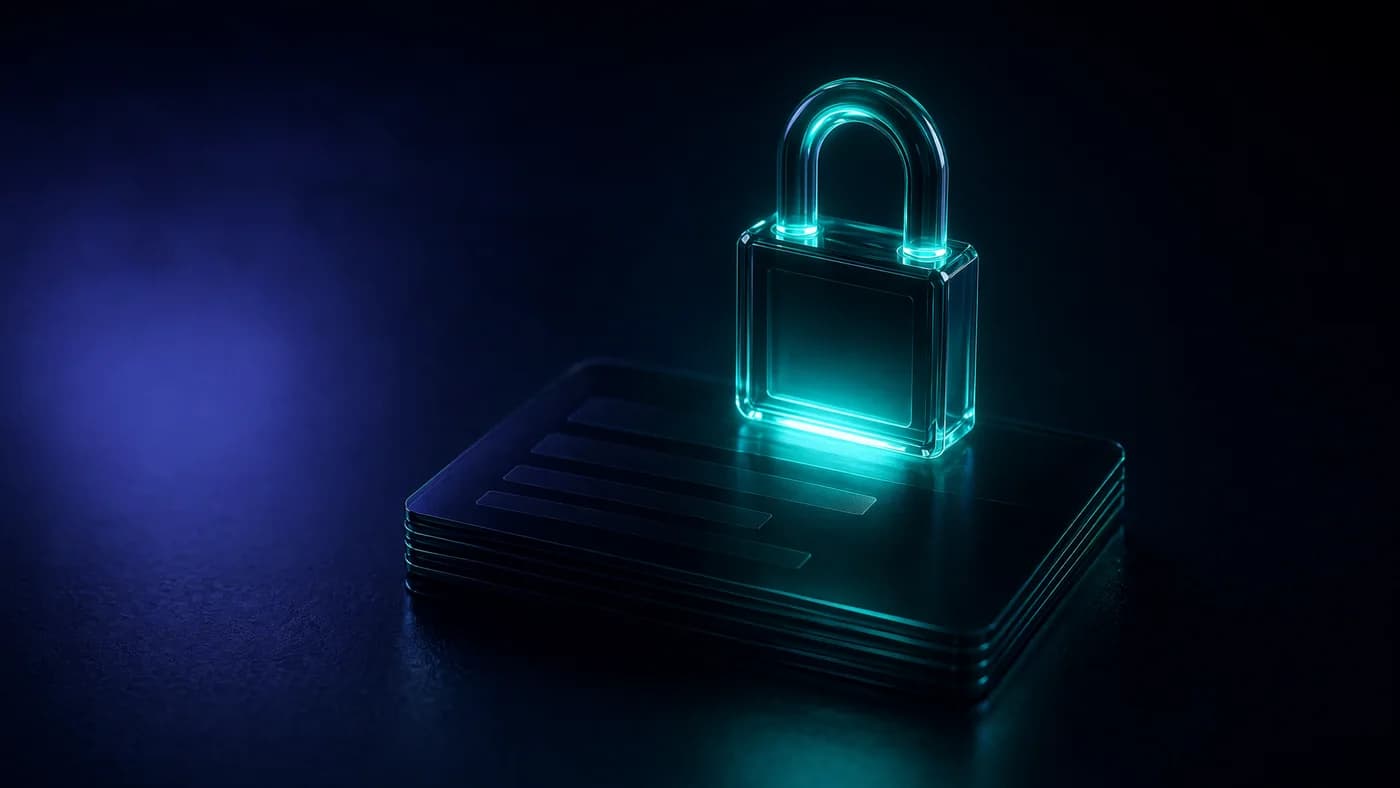 Small business security checklist with laptop lock screen, account controls, keys, and review notes.