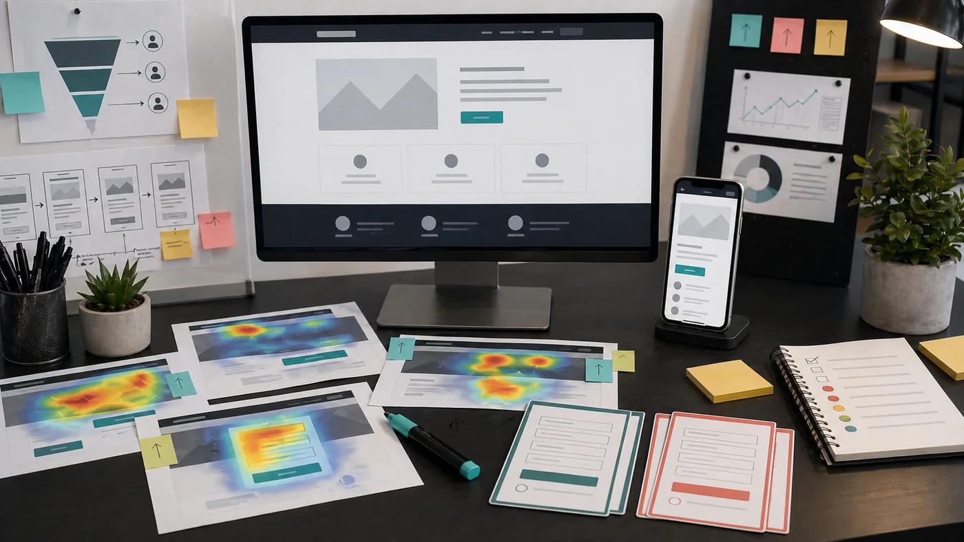 Website conversion audit desk with heatmaps, landing page wireframes, analytics panels, and notes.