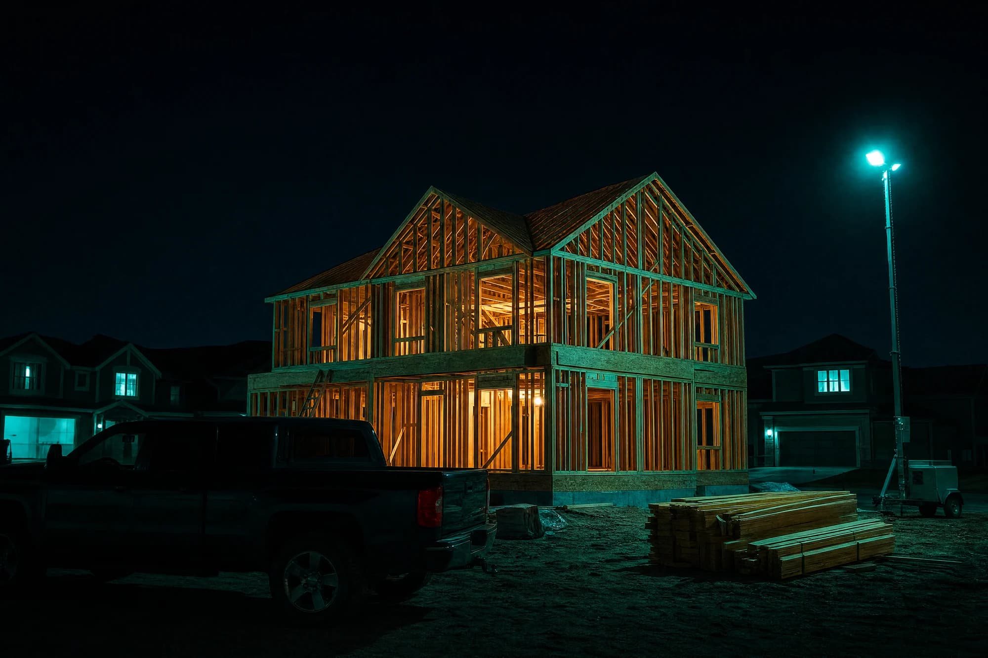 Stylized night render of a house mid-build, its timber framing glowing teal from work lights