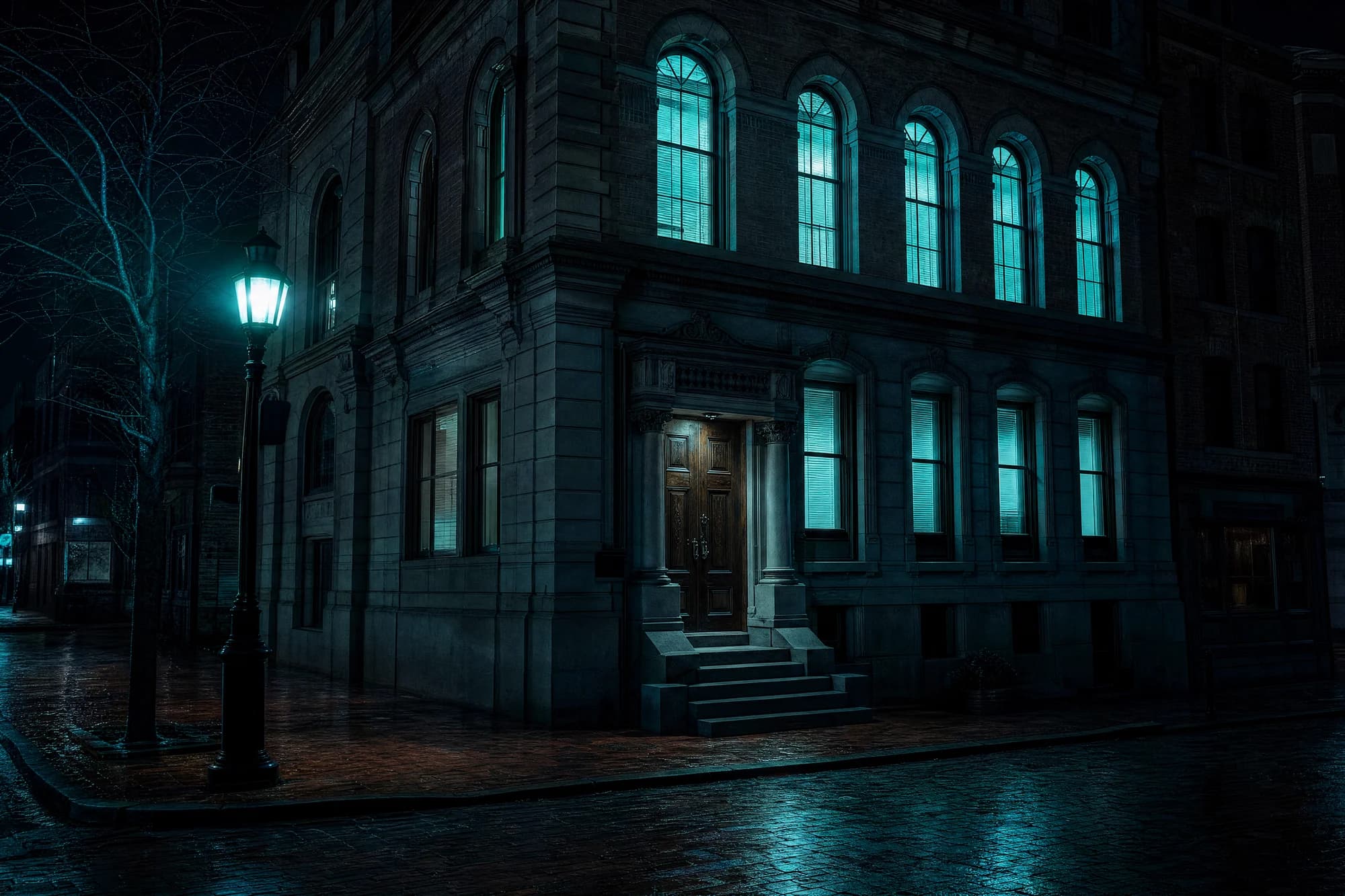 Stylized night render of a stone office building with tall windows lit teal, someone working late