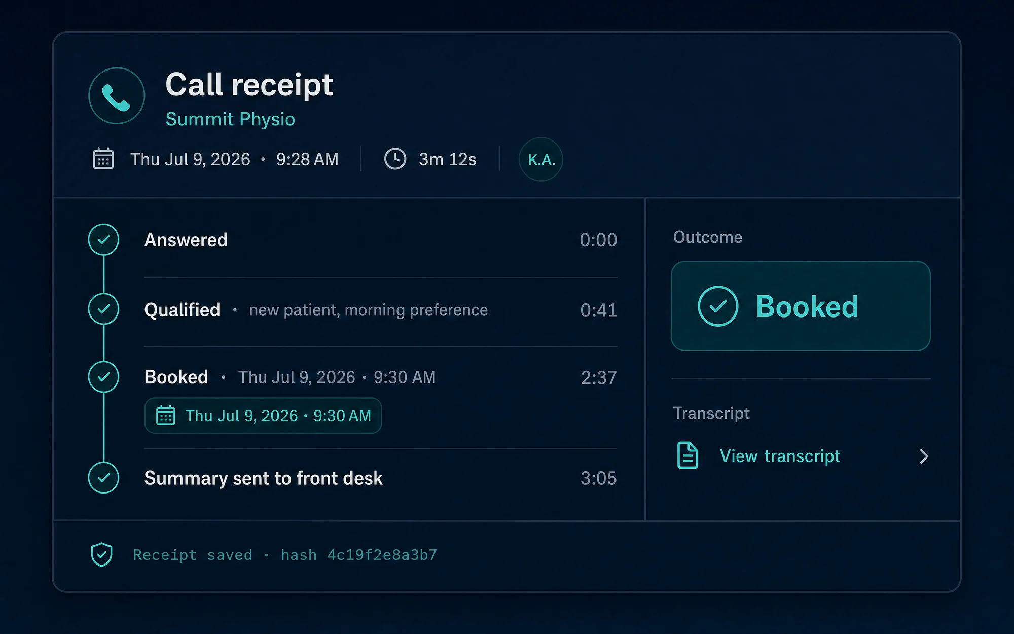 Illustrative per-call receipt with answered, qualified, and booked steps, outcome, and a saved hash.