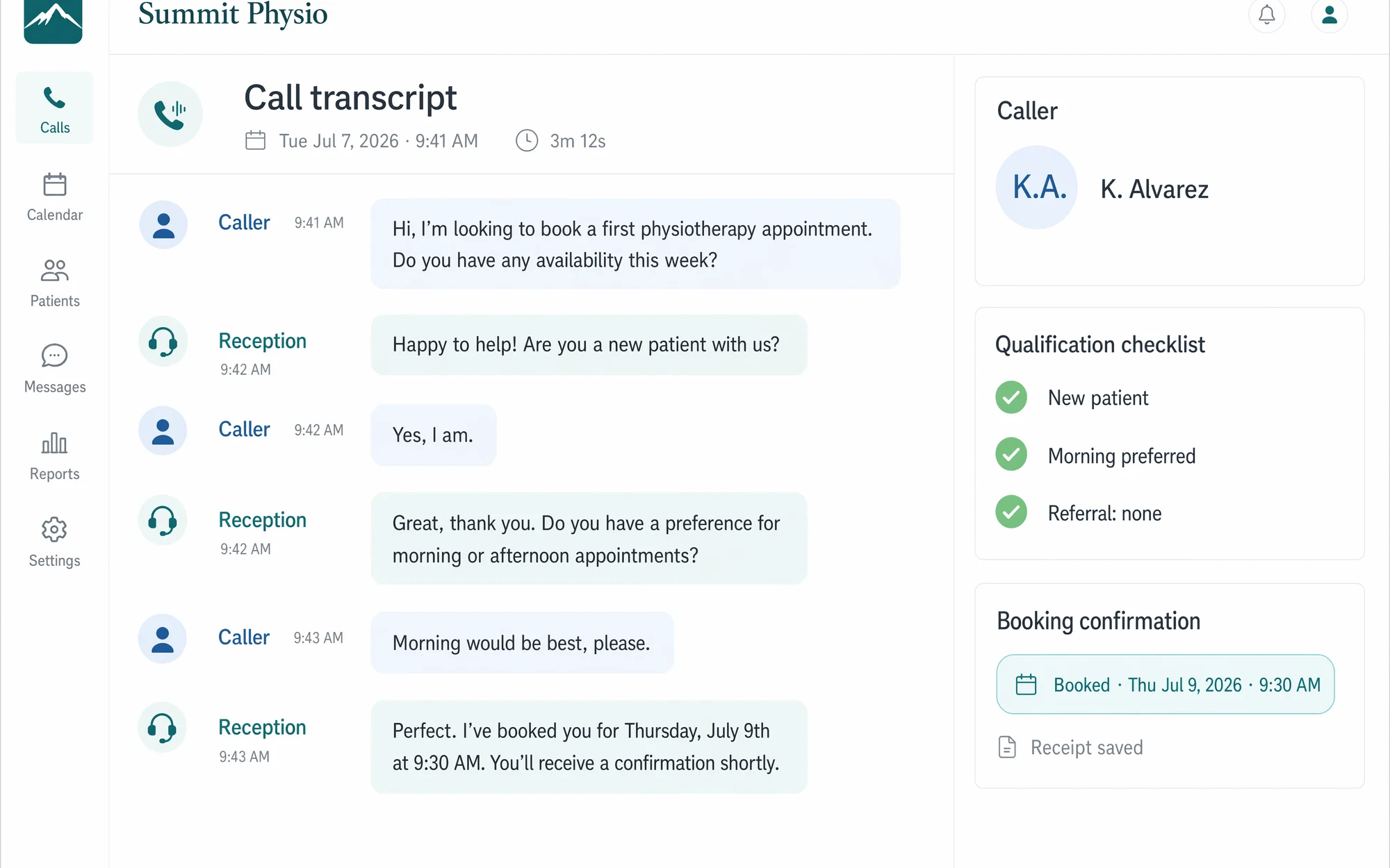 Illustrative reception assistant transcript with qualification checks and a booked appointment.