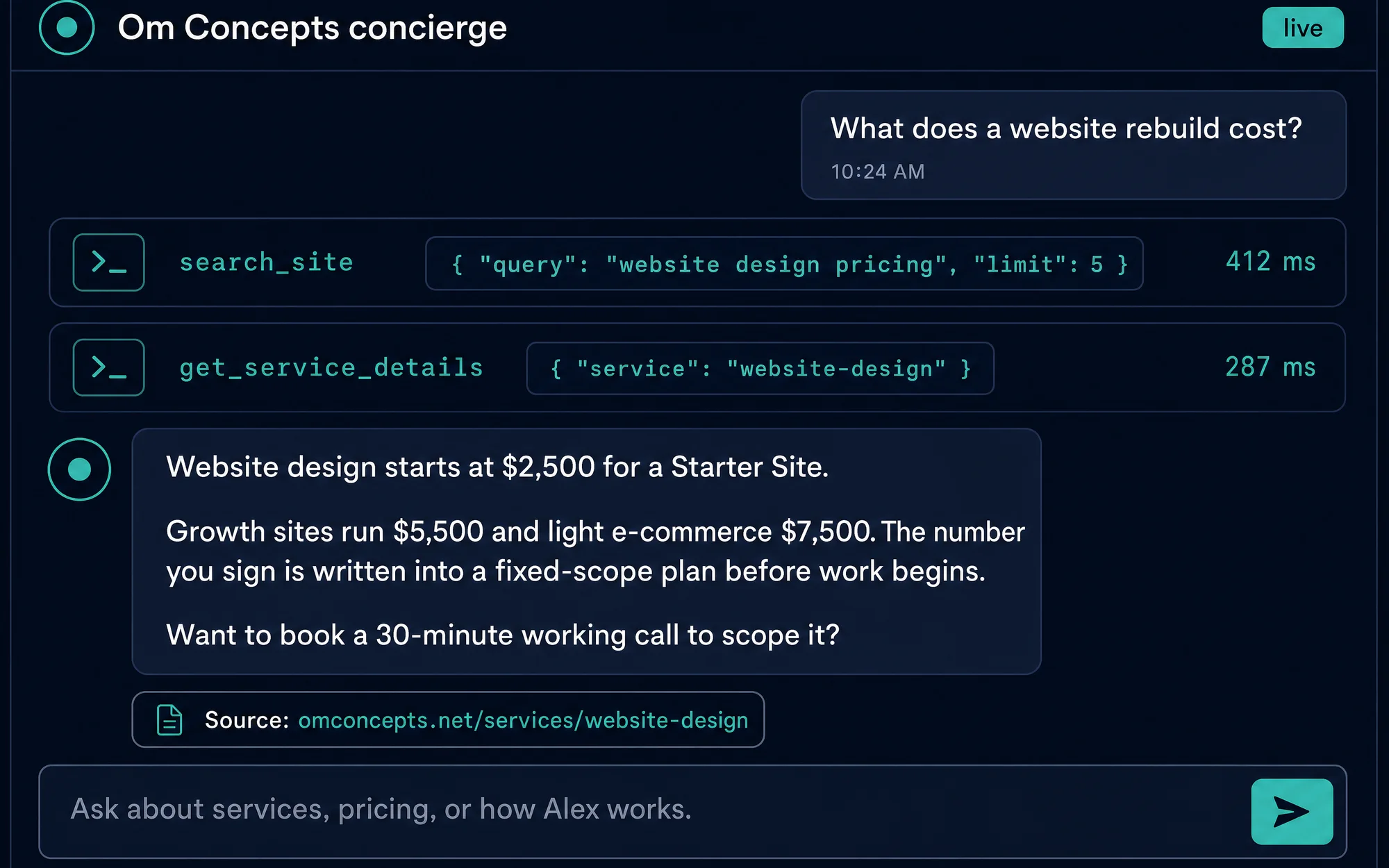 Illustrative transcript with visible tool calls between a visitor question and the answer.