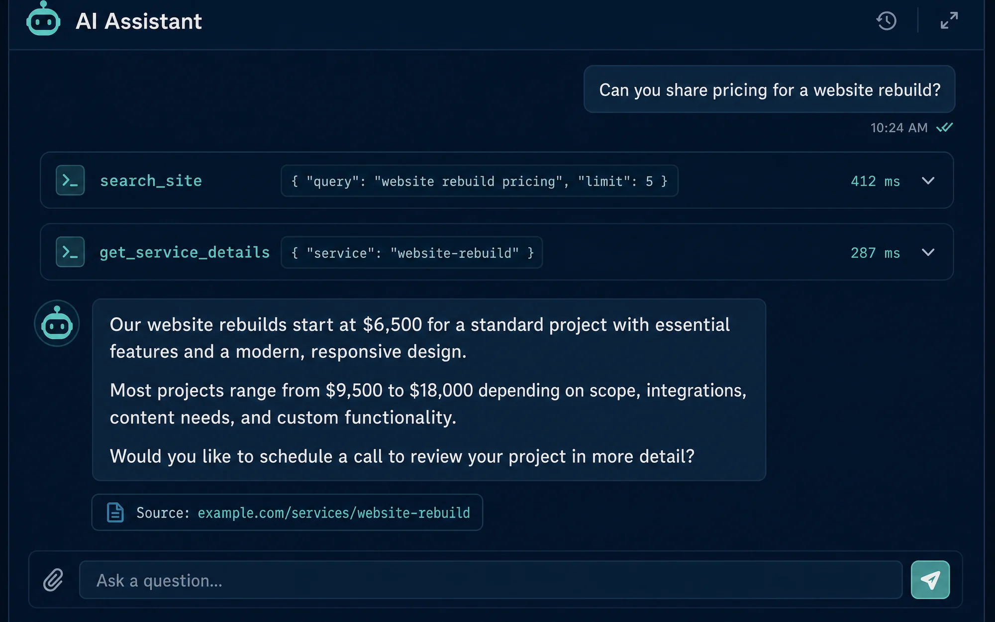Illustrative transcript with visible tool calls between a visitor question and the answer.