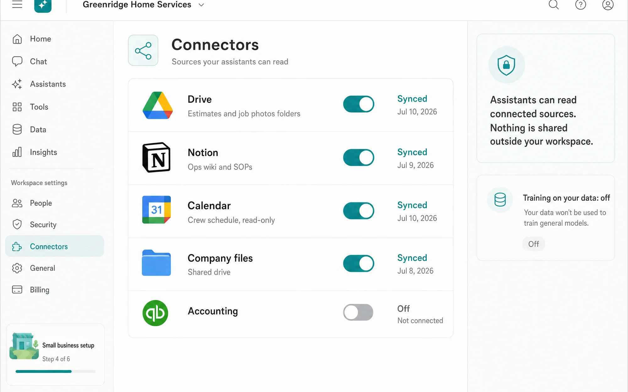 Illustrative connectors screen with synced sources and data settings during a workspace setup.