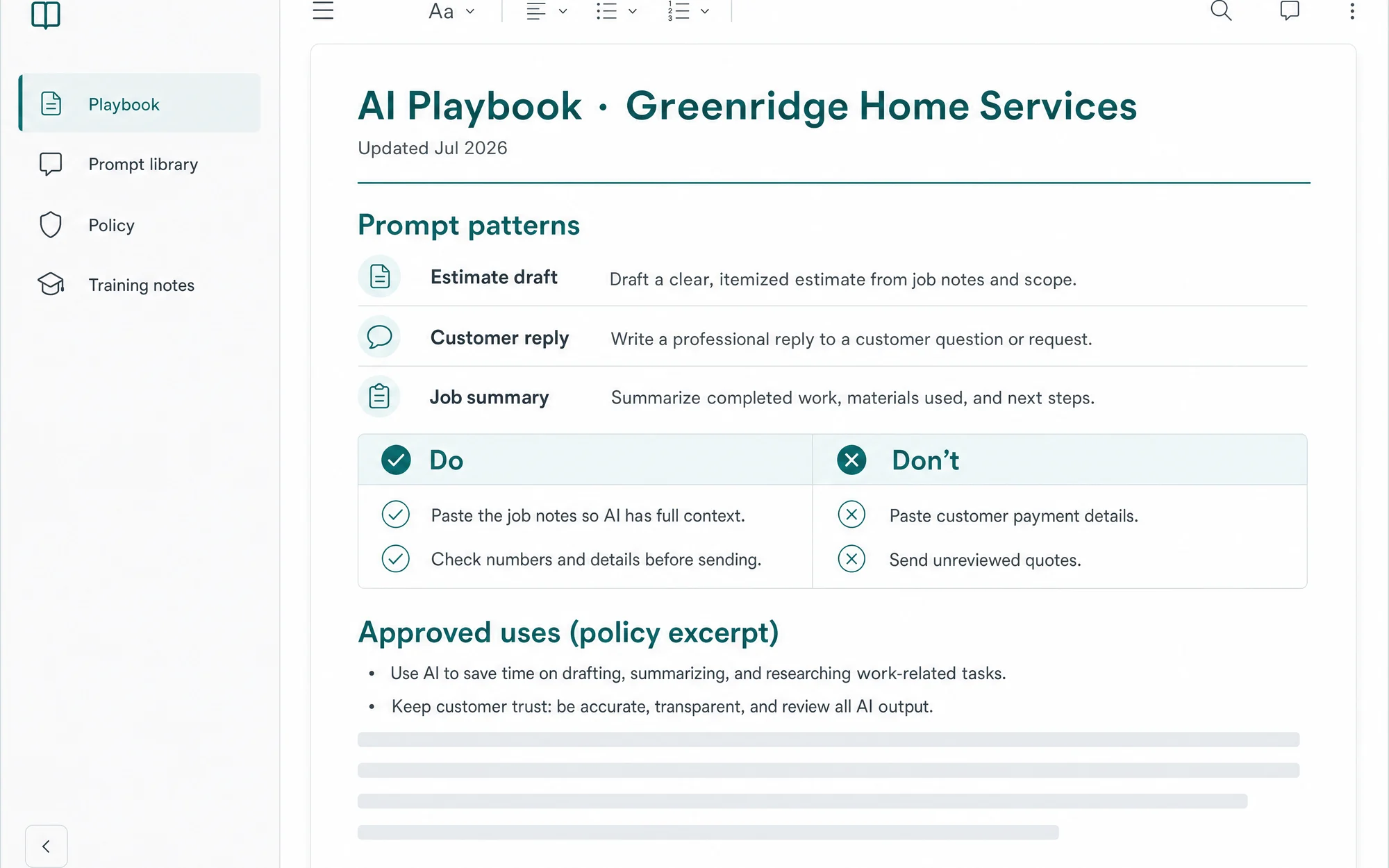 Illustrative team AI playbook with prompt patterns, dos and don'ts, and policy excerpt.