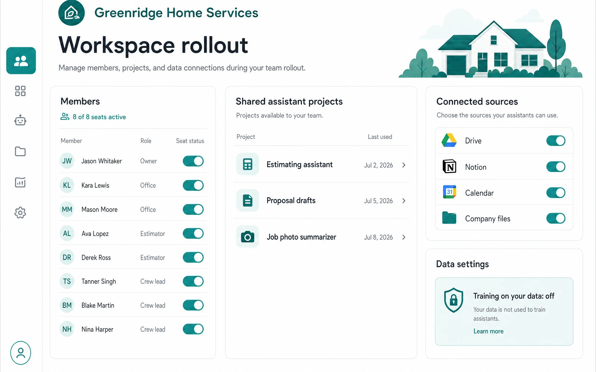 Illustrative AI workspace admin console with seats, shared projects, and data settings.