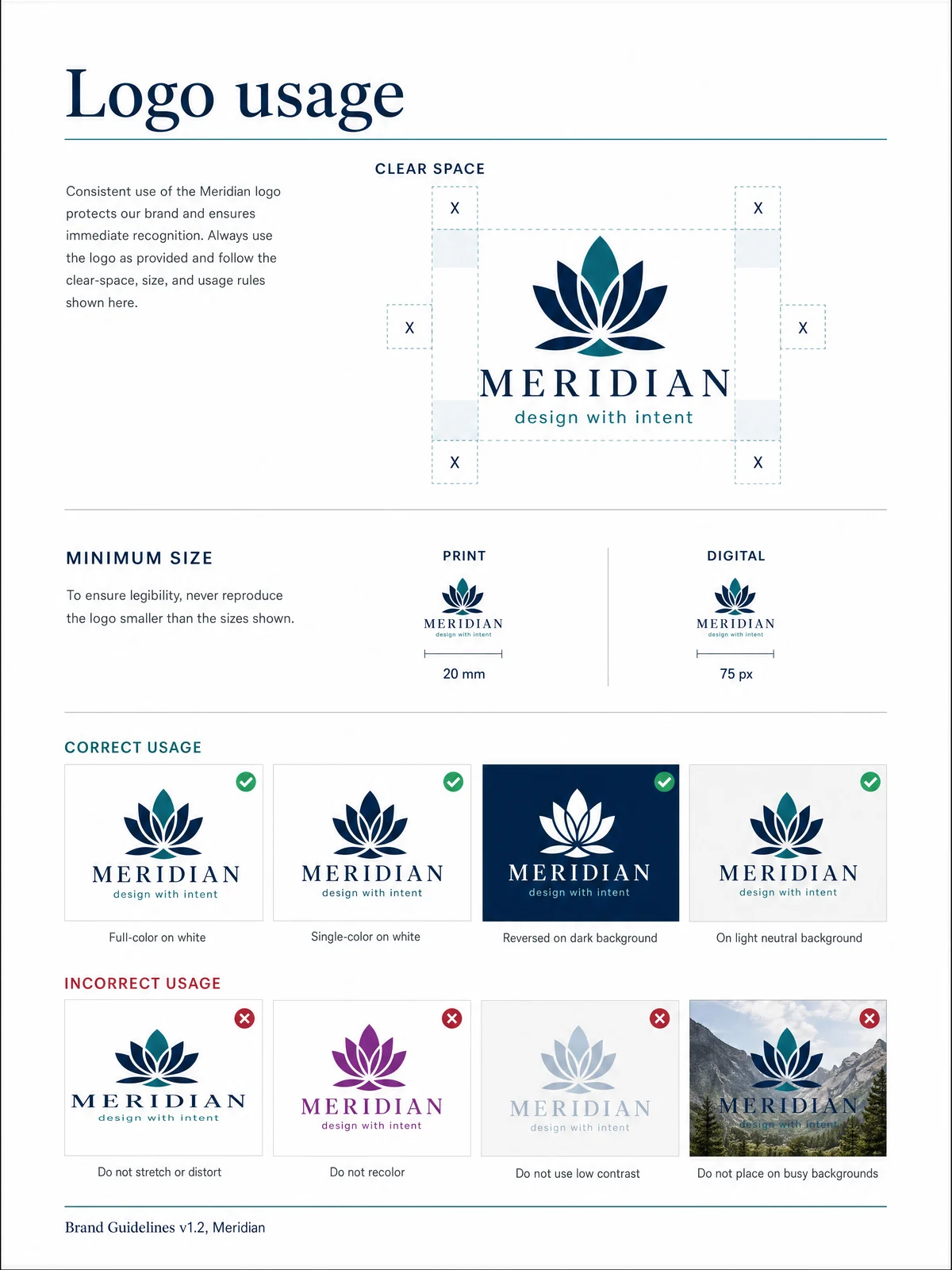 Illustrative brand guidelines page covering logo clear space and usage rules.