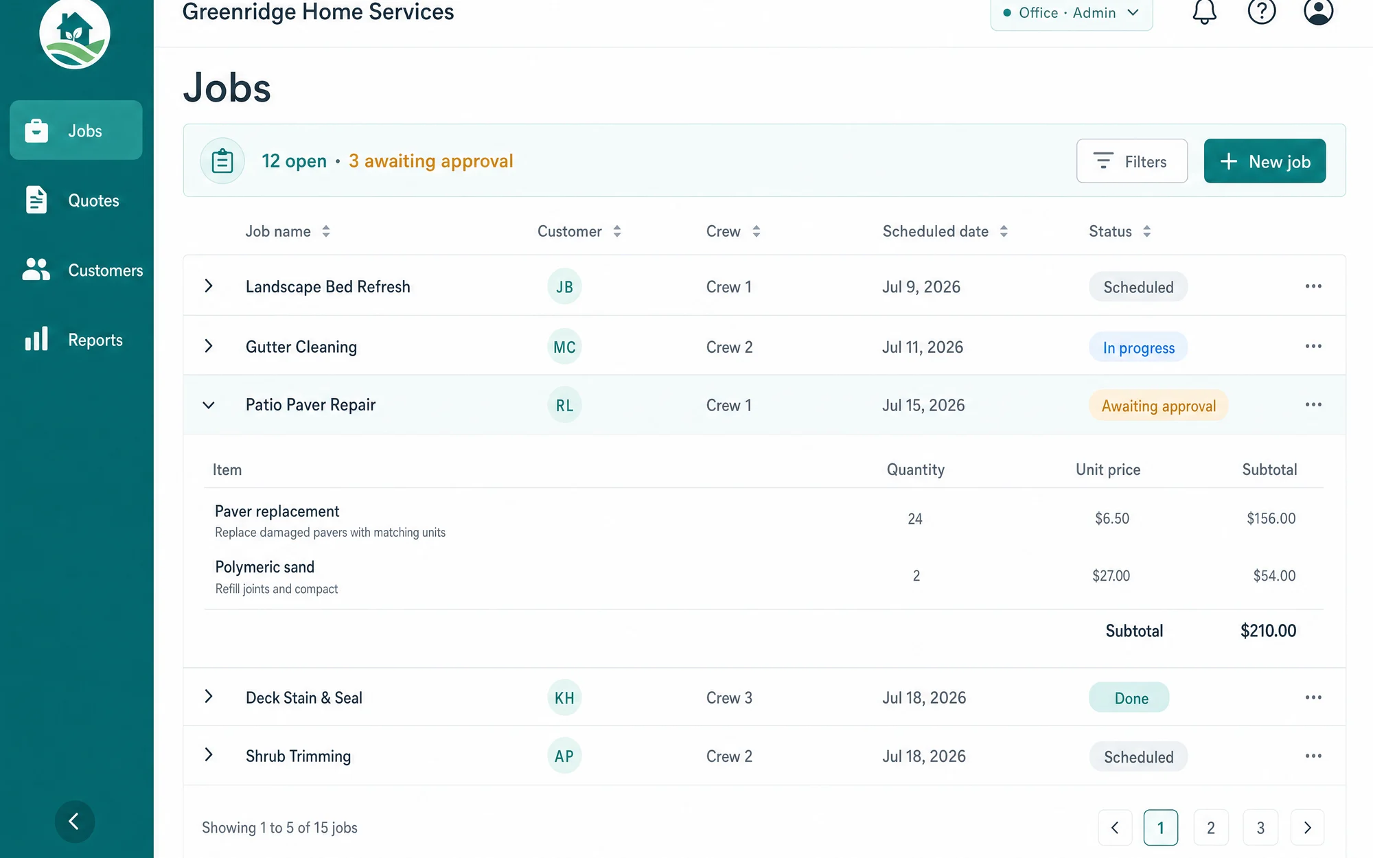 Illustrative custom client portal with job statuses, roles, and an expanded line-item view.