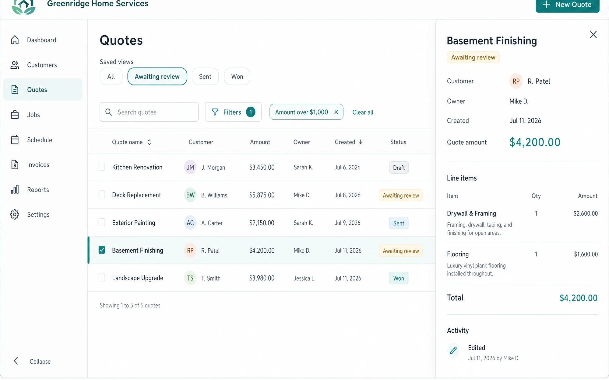 Illustrative custom quotes tool with saved views, filters, and a line-item detail panel.