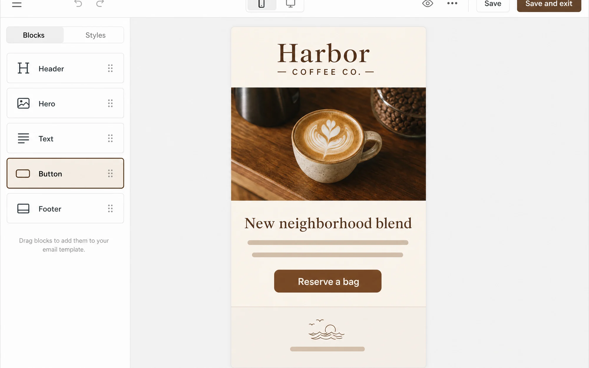 Illustrative branded email template open in a builder with block controls.