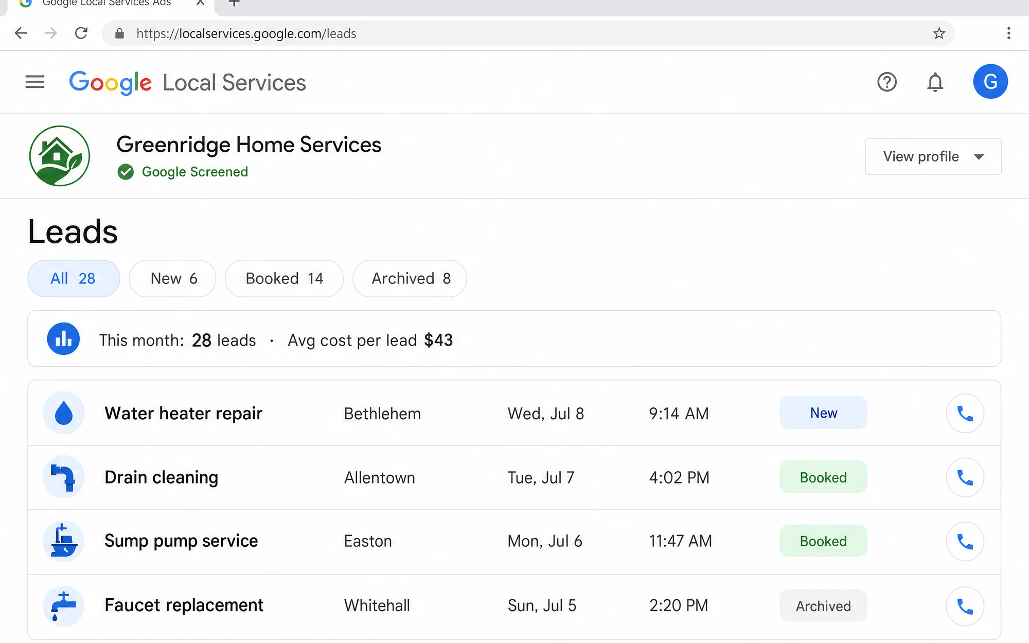 Illustrative Local Services Ads lead inbox with job types, towns, and booking statuses.