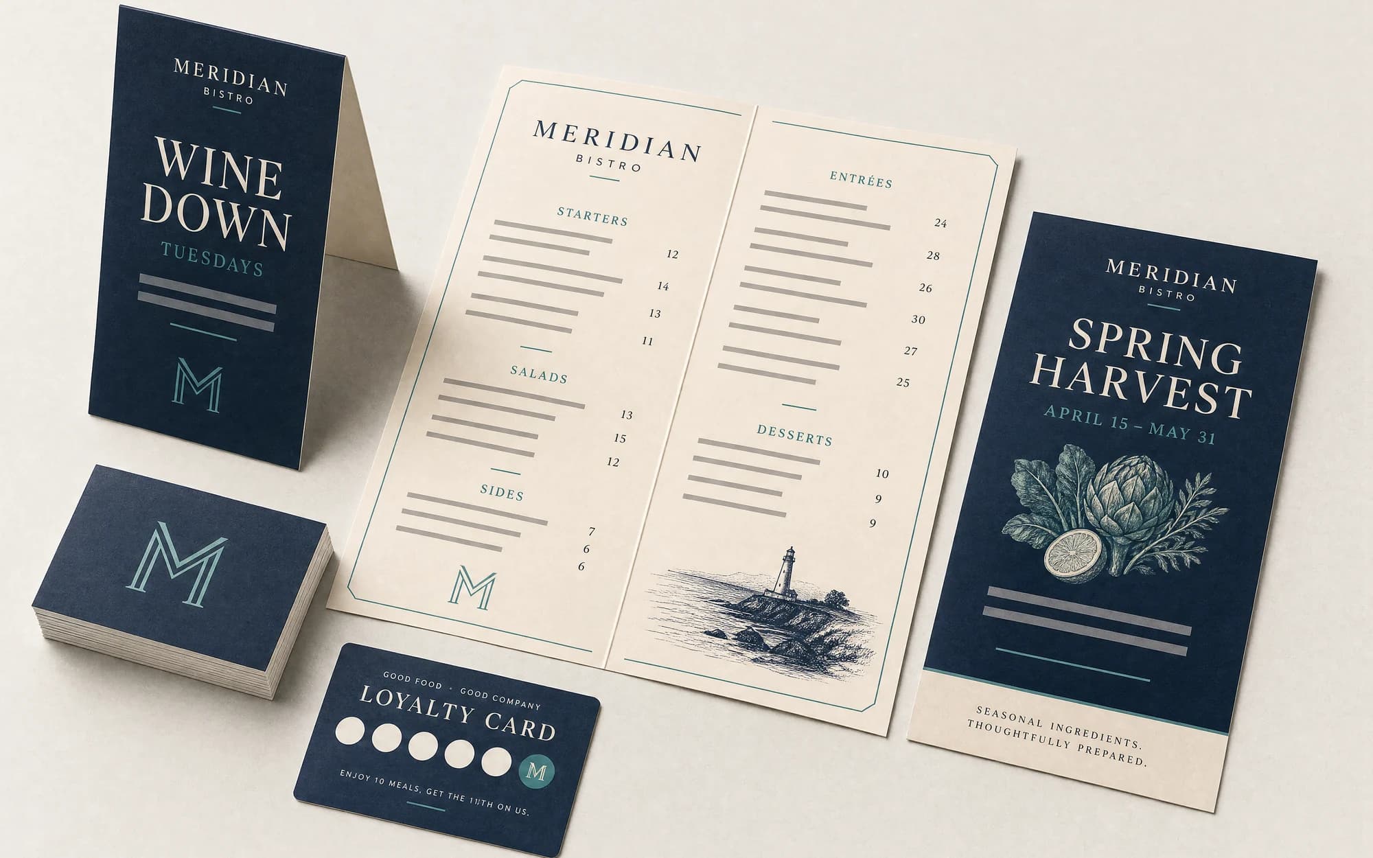 Illustrative flat lay of produced collateral: cards, menu, flyer, and table tent in one identity.