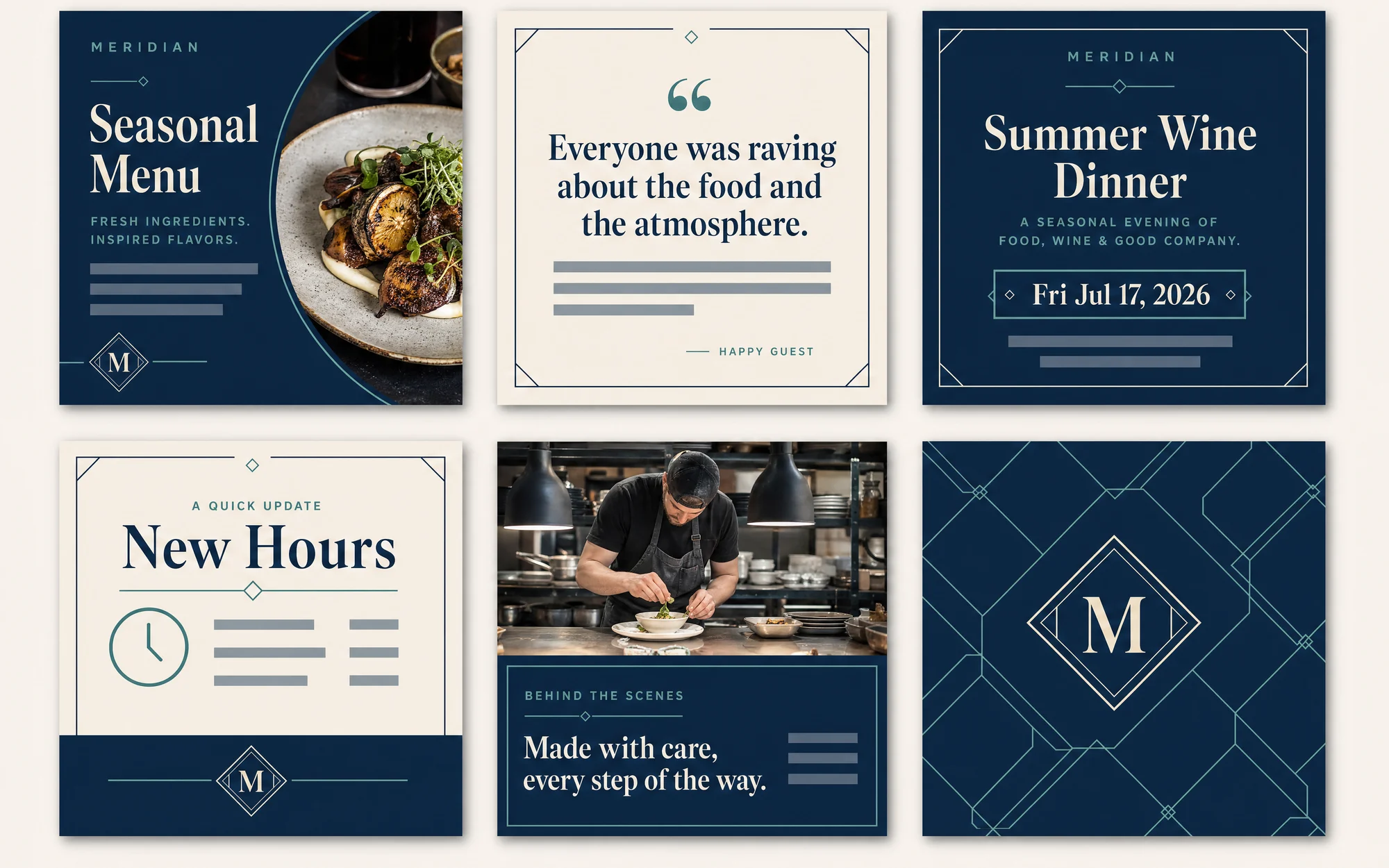 Illustrative set of six social tiles produced from one design system.