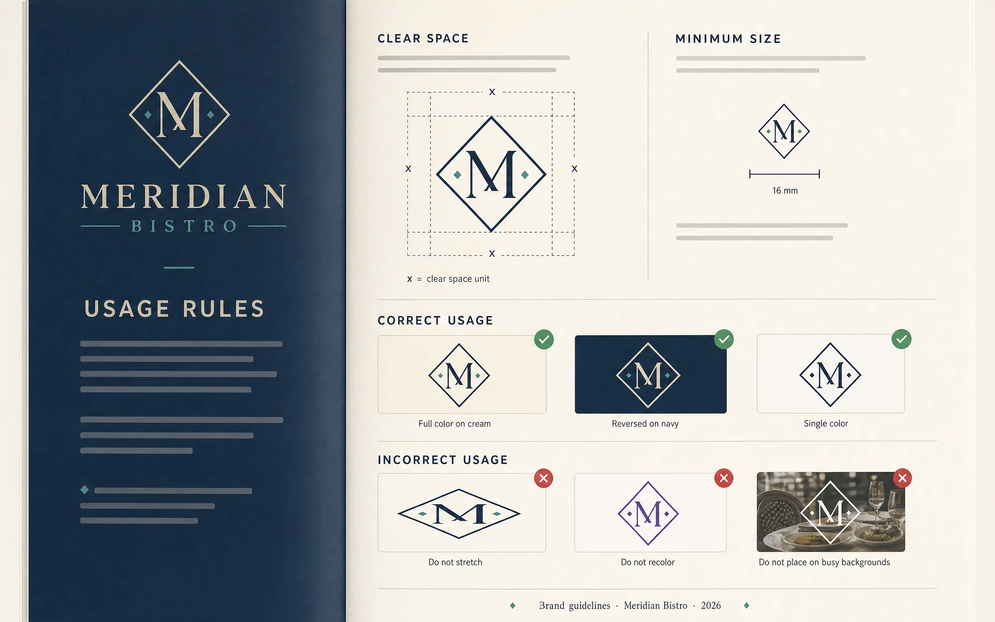 Illustrative Meridian Bistro usage rules spread with clear space, sizes, and correct and incorrect examples.