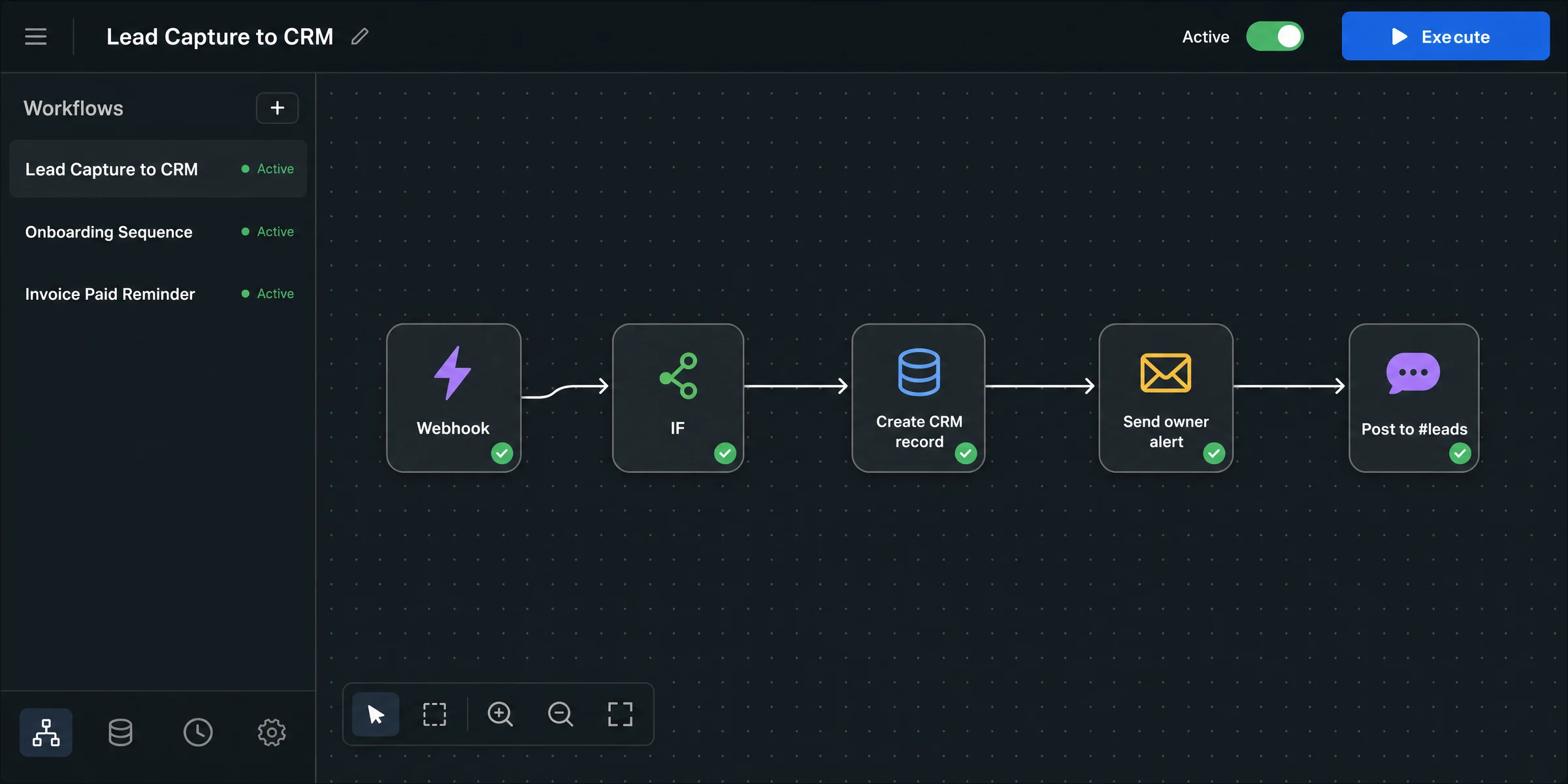 Illustrative automation canvas wiring a webhook trigger through CRM, email, and chat steps.