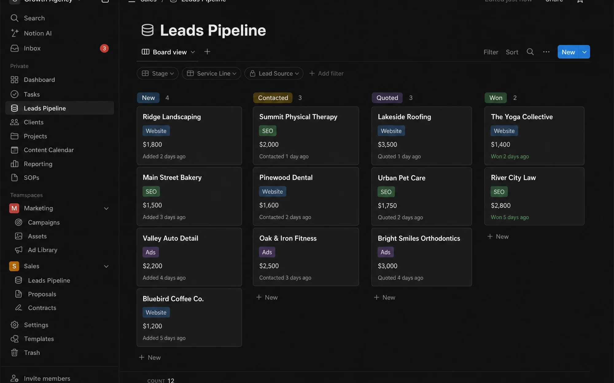 Illustrative CRM board moving leads from new to won with service tags.