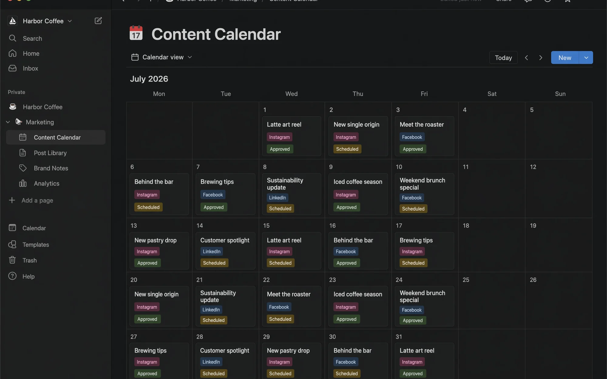 Illustrative Notion content calendar with a month of scheduled posts tagged by channel and status.