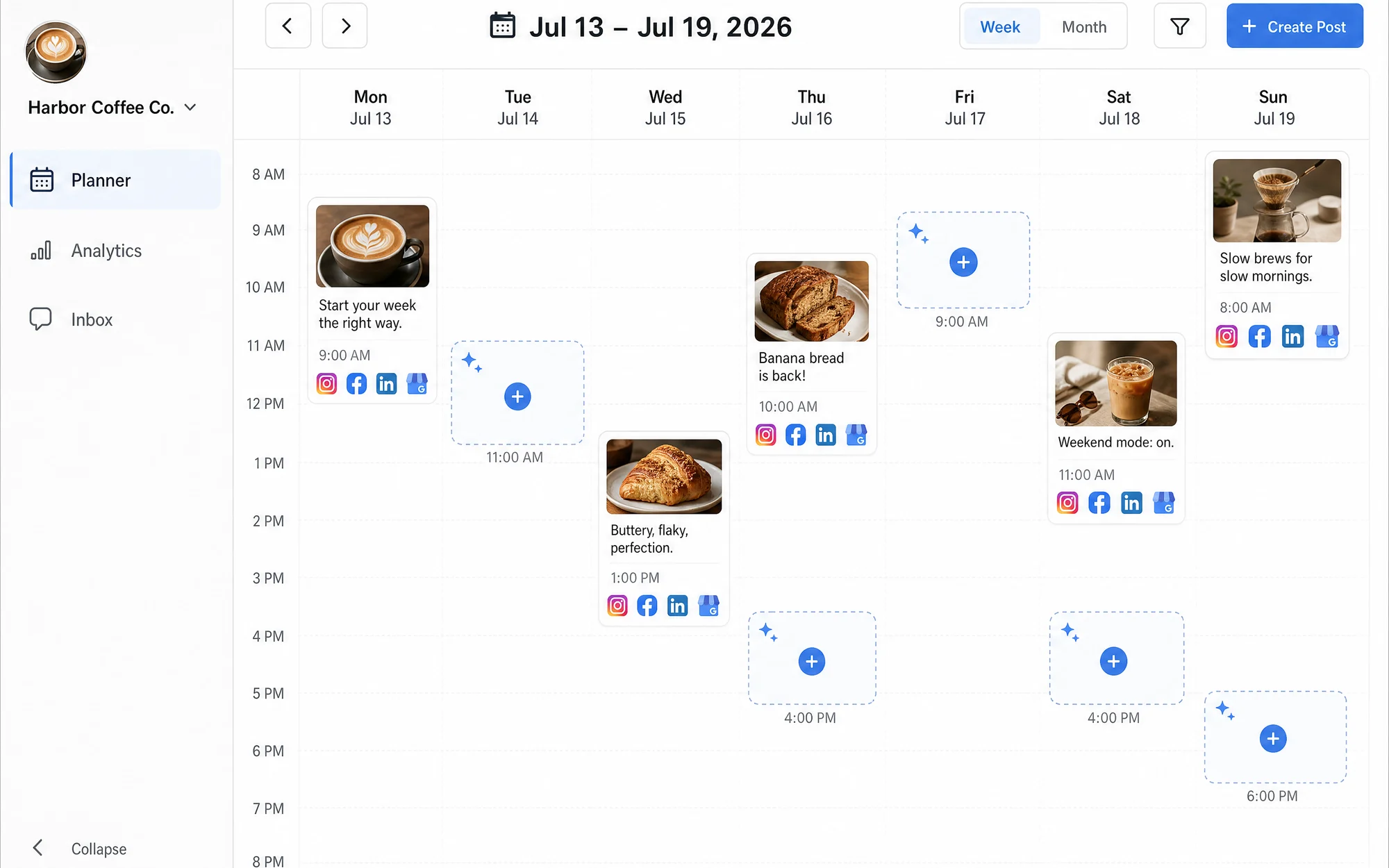 Illustrative publishing planner week with queued posts, thumbnails, and platform icons.