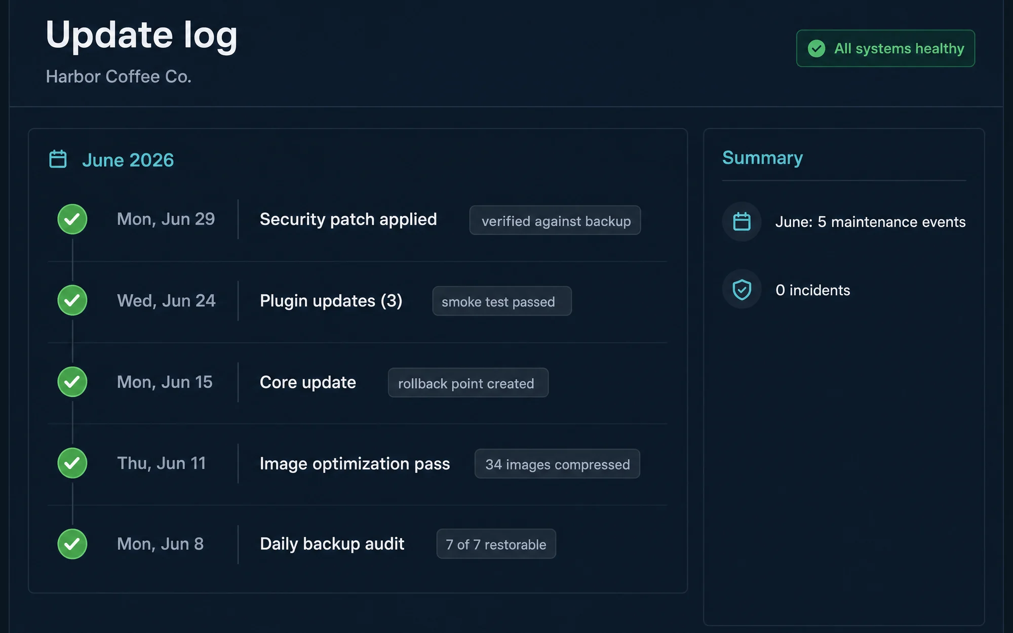 Illustrative maintenance log of dated updates, patches, and verified backups.