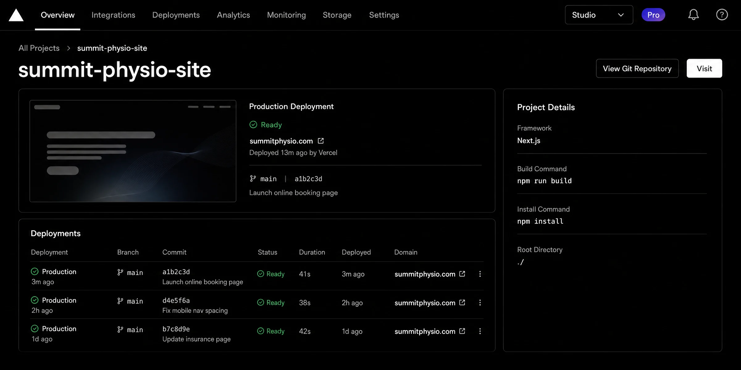 Illustrative Vercel dashboard with a production deployment marked Ready and recent builds.