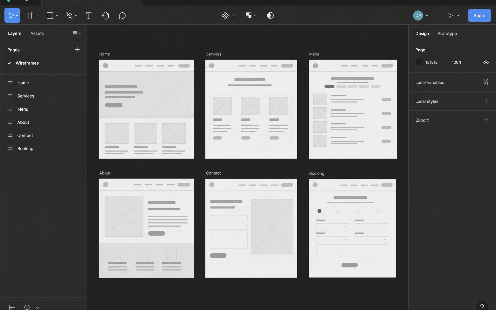 Illustrative Figma board of low-fidelity page wireframes for a coffee shop site.