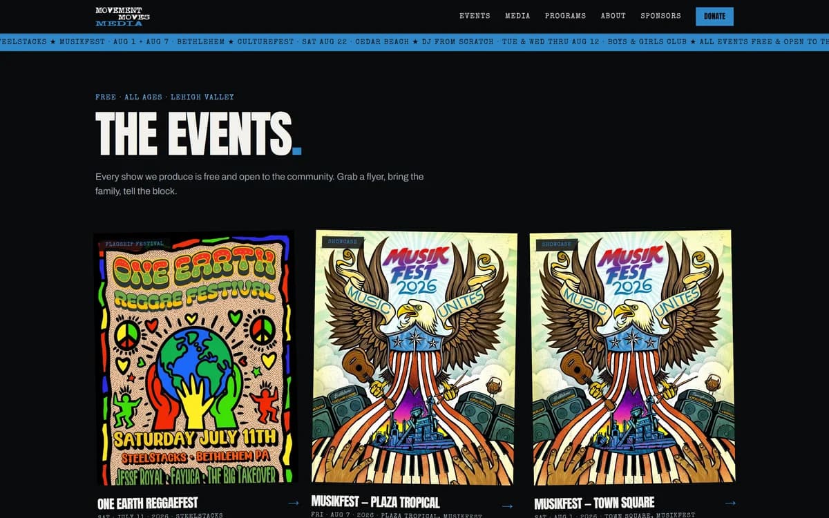 Real capture of the events index: every free show as a flyer card with its date, venue, and own page