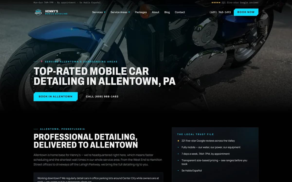 Real capture of the Allentown service-area page with a customer motorcycle photo behind the local headline and trust details