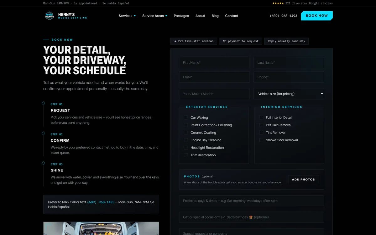Real capture of the booking page: a three-step process beside a quote form with service checkboxes, vehicle-size pricing, and photo upload