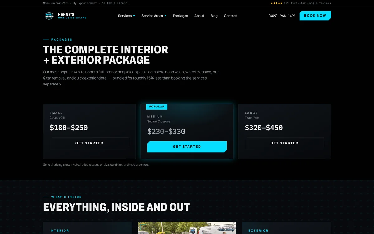 Real capture of the packages page with size-based price ranges and the popular tier highlighted